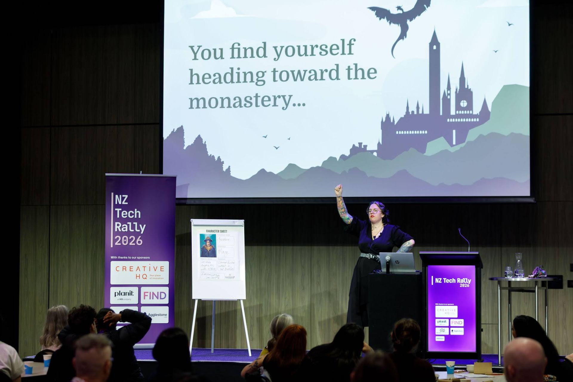 Tamara Buckland speaking on stage at NZ Tech Rally 2026